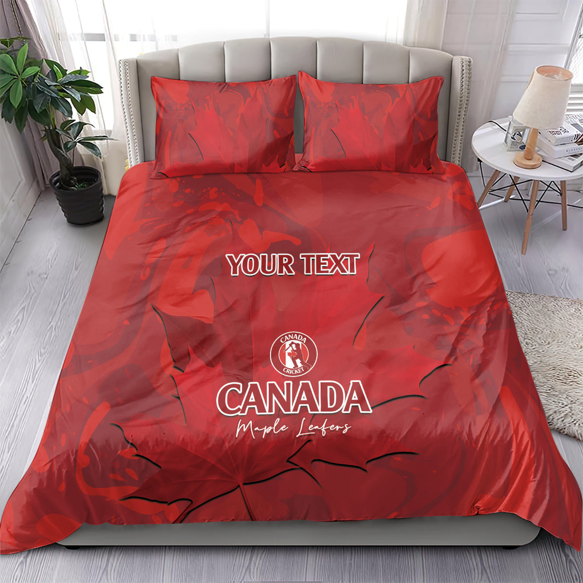 Red Canada bedding set featuring duvet and 2 pillowcases with Canada maple leaf design