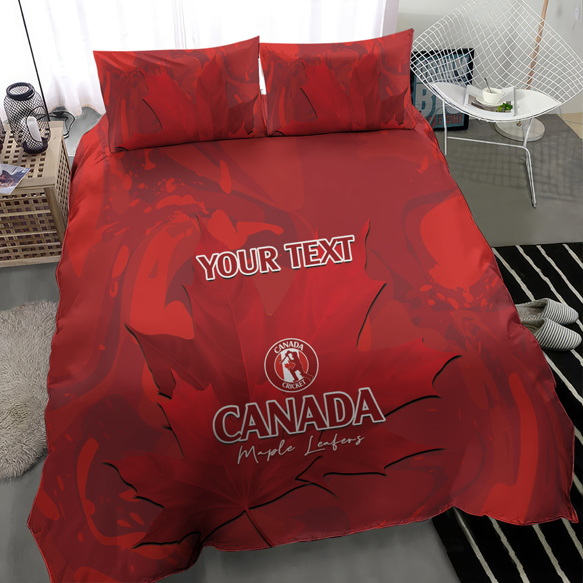 Red Canada duvet set with 2 matching pillowcases and bold maple leaf themed artwork