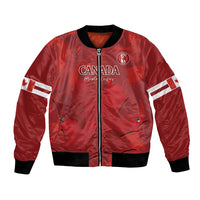 Red bomber jacket with Canada logo front, black ribbed collar and cuffs, zipper closure.