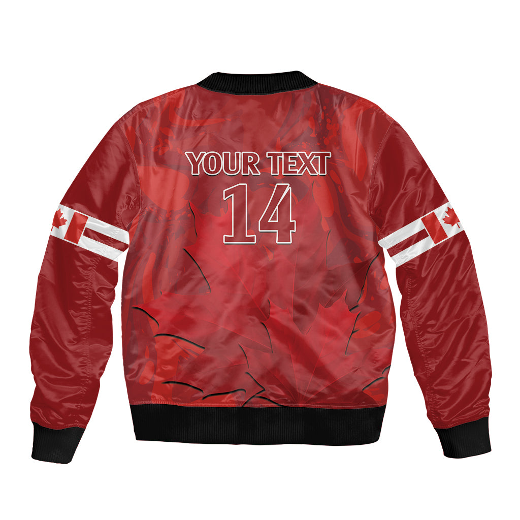 Red bomber jacket back with YOUR TEXT and 14 print, black ribbed hem, zipper.