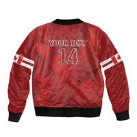 Red bomber jacket back with YOUR TEXT and 14 print, black ribbed hem, zipper.