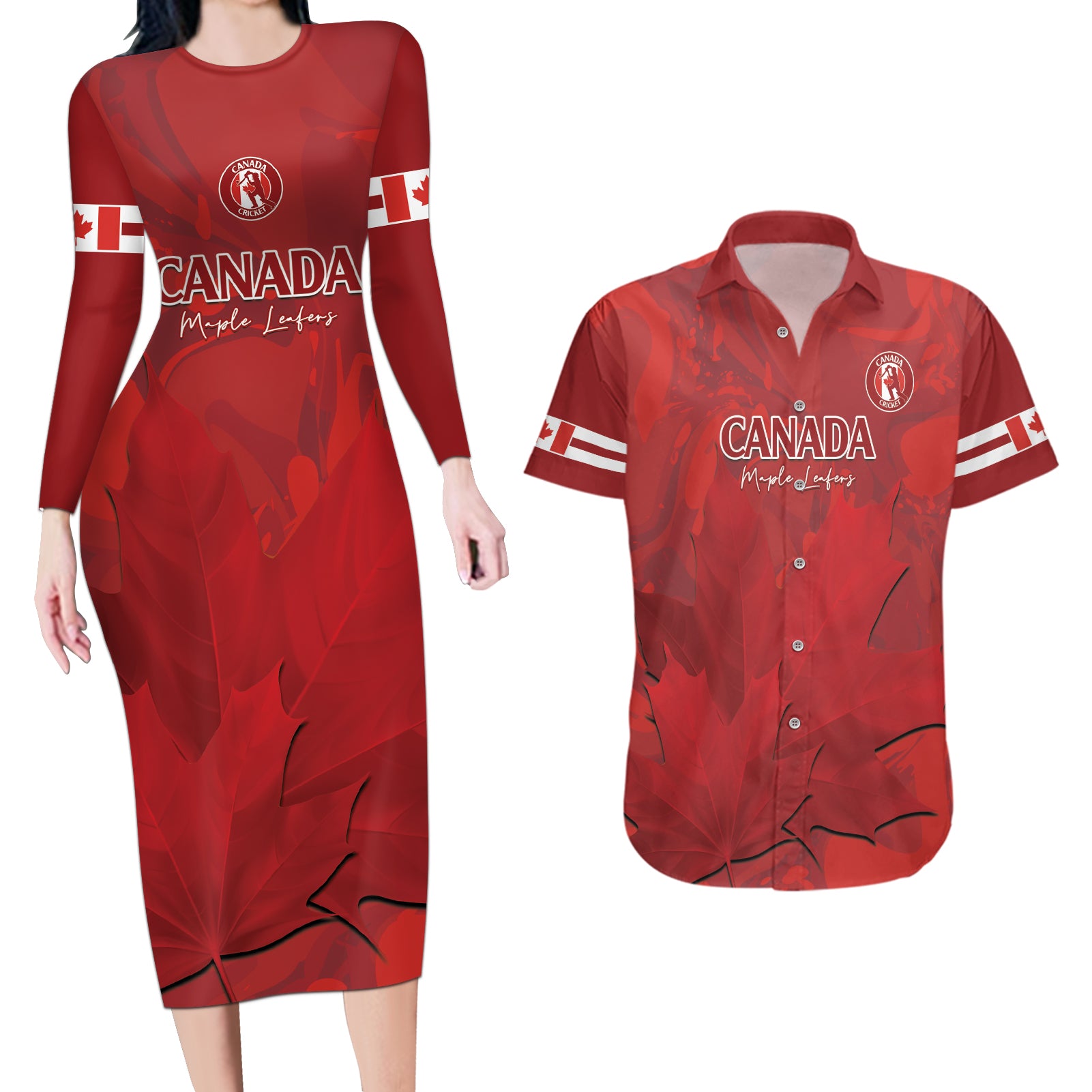 Custom Canada Cricket Couples Matching Long Sleeve Bodycon Dress and Hawaiian Shirt 2024 Maple Leaf Go Champions - Wonder Print Shop