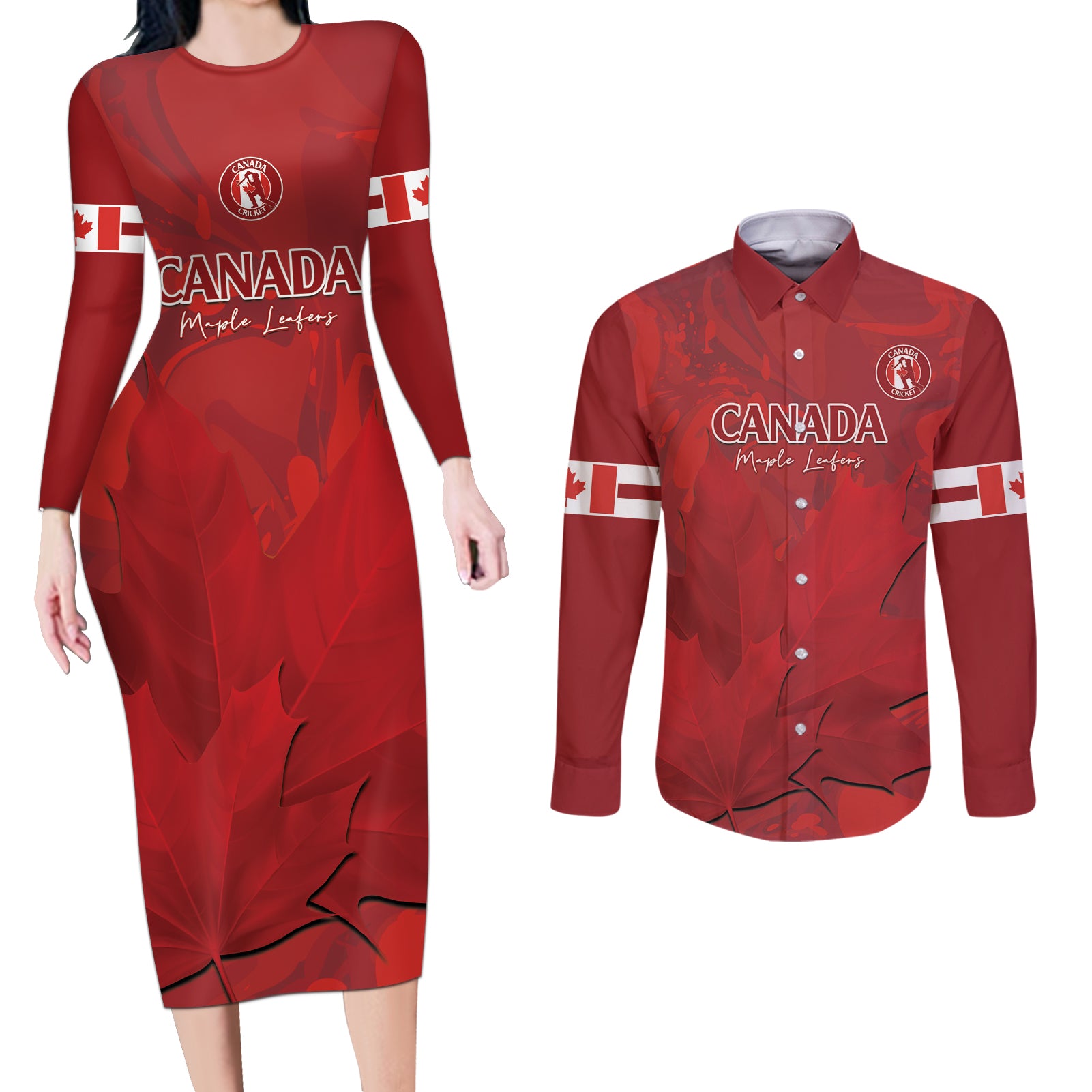 Custom Canada Cricket Couples Matching Long Sleeve Bodycon Dress and Long Sleeve Button Shirt 2024 Maple Leaf Go Champions - Wonder Print Shop