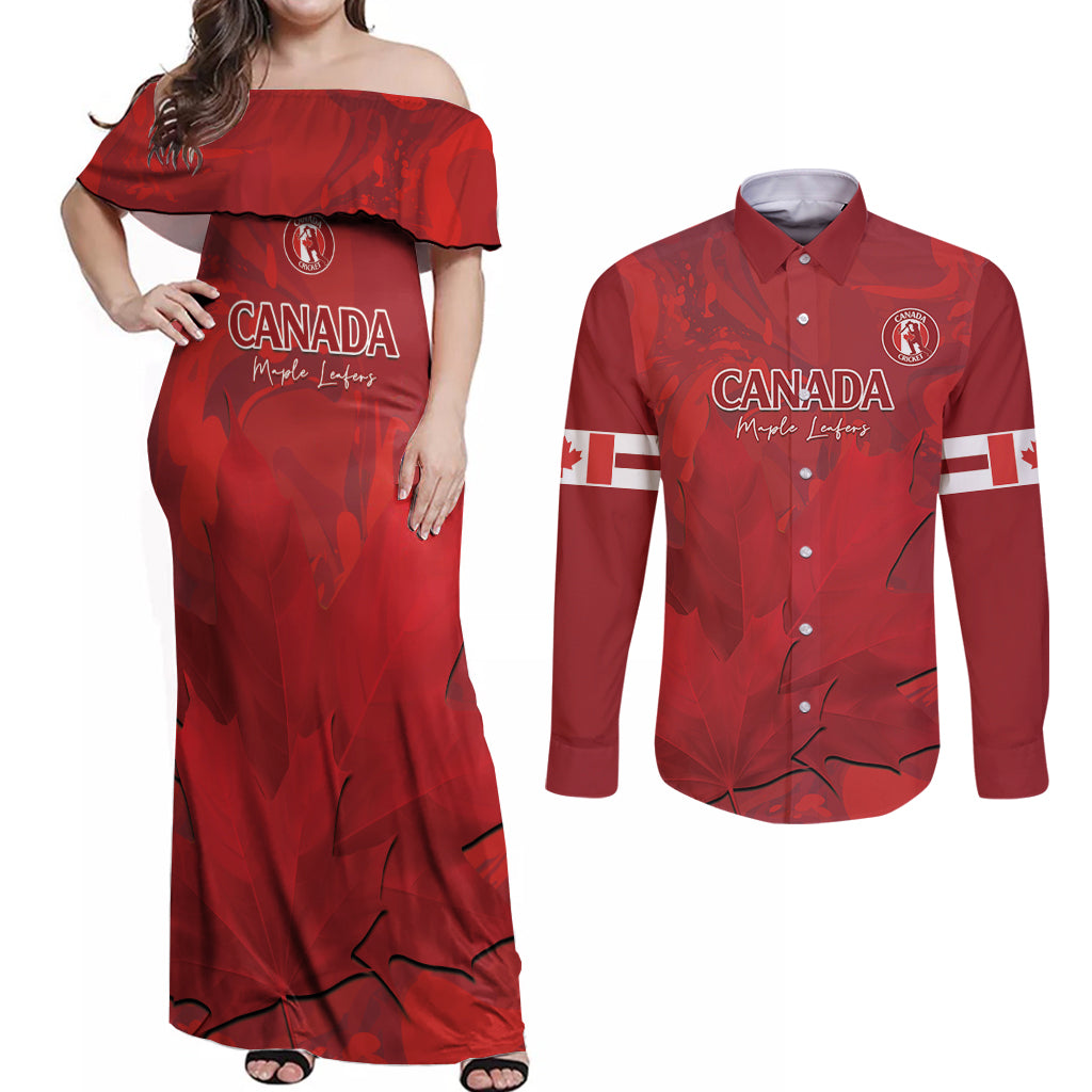 Custom Canada Cricket Couples Matching Off Shoulder Maxi Dress and Long Sleeve Button Shirt 2024 Maple Leaf Go Champions - Wonder Print Shop