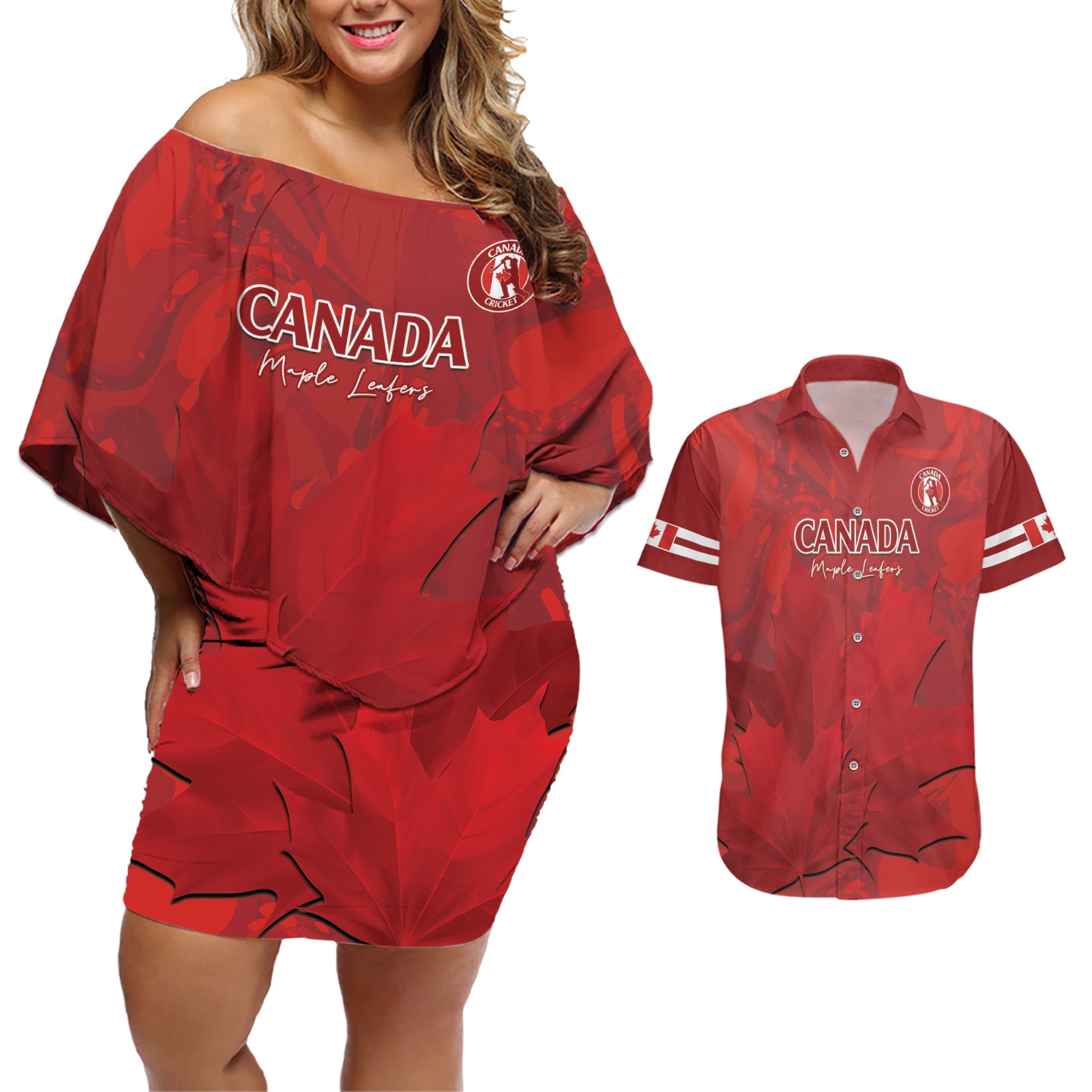 Custom Canada Cricket Couples Matching Off Shoulder Short Dress and Hawaiian Shirt 2024 Maple Leaf Go Champions - Wonder Print Shop