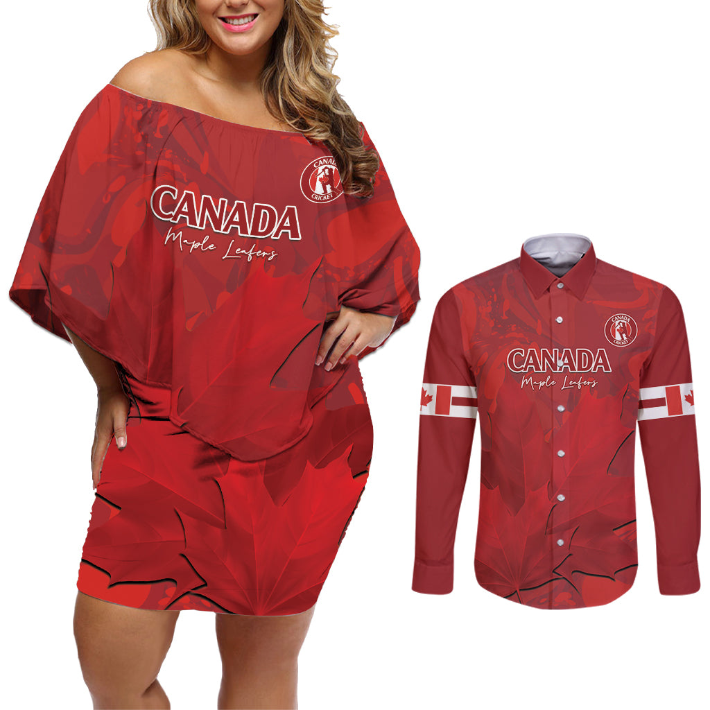 Custom Canada Cricket Couples Matching Off Shoulder Short Dress and Long Sleeve Button Shirt 2024 Maple Leaf Go Champions - Wonder Print Shop