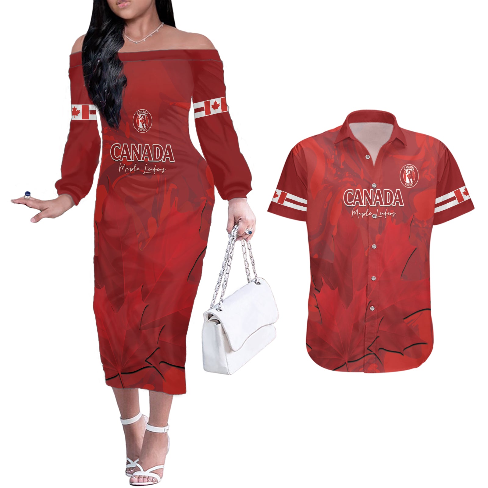 Custom Canada Cricket Couples Matching Off The Shoulder Long Sleeve Dress and Hawaiian Shirt 2024 Maple Leaf Go Champions - Wonder Print Shop