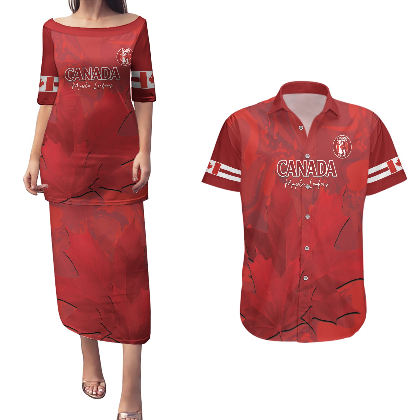 Custom Canada Cricket Couples Matching Puletasi and Hawaiian Shirt 2024 Maple Leaf Go Champions - Wonder Print Shop