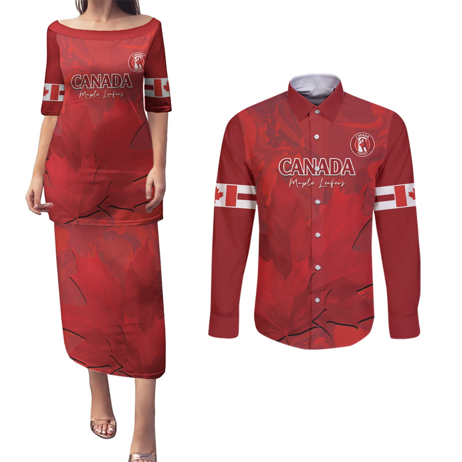 Custom Canada Cricket Couples Matching Puletasi and Long Sleeve Button Shirt 2024 Maple Leaf Go Champions - Wonder Print Shop