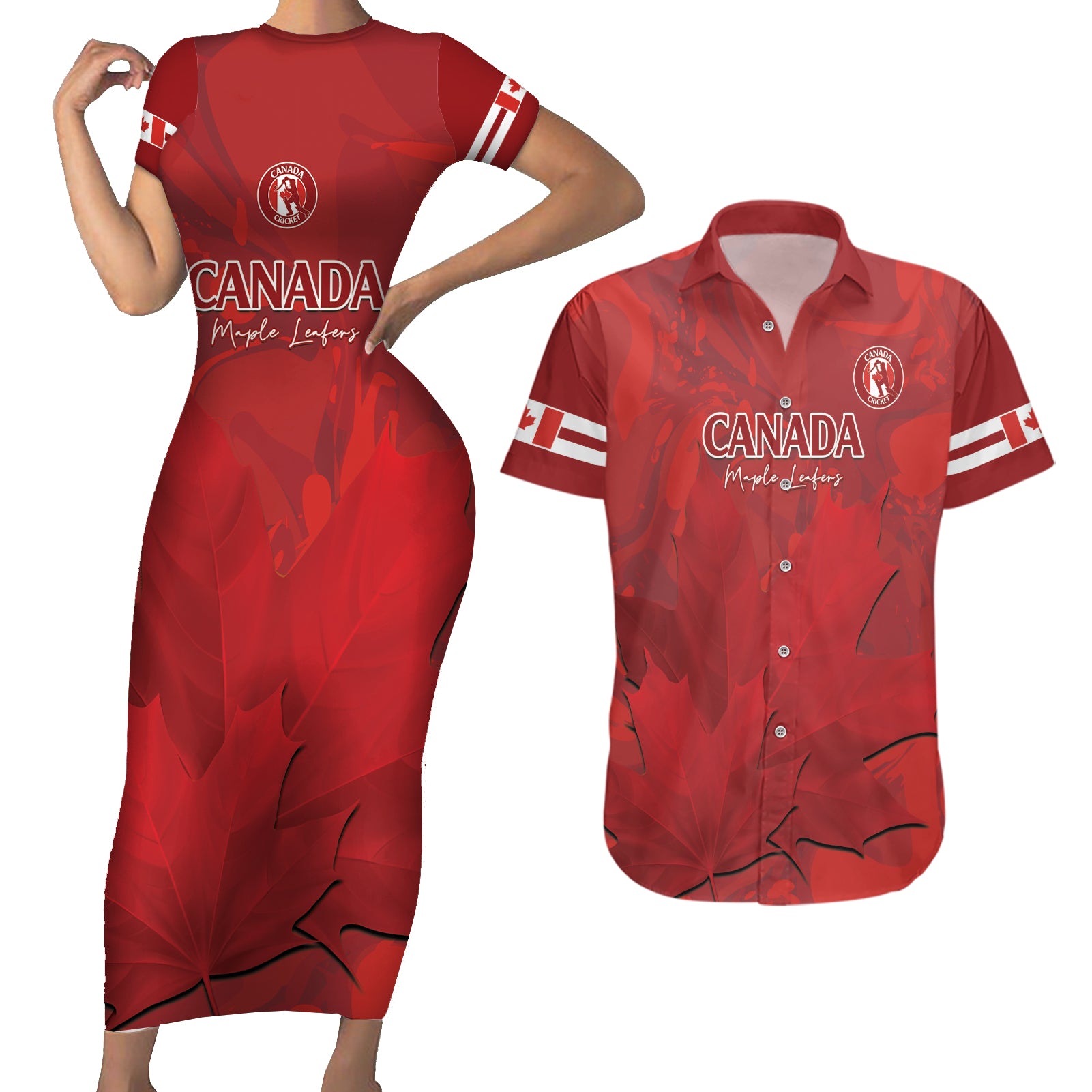 Custom Canada Cricket Couples Matching Short Sleeve Bodycon Dress and Hawaiian Shirt 2024 Maple Leaf Go Champions - Wonder Print Shop