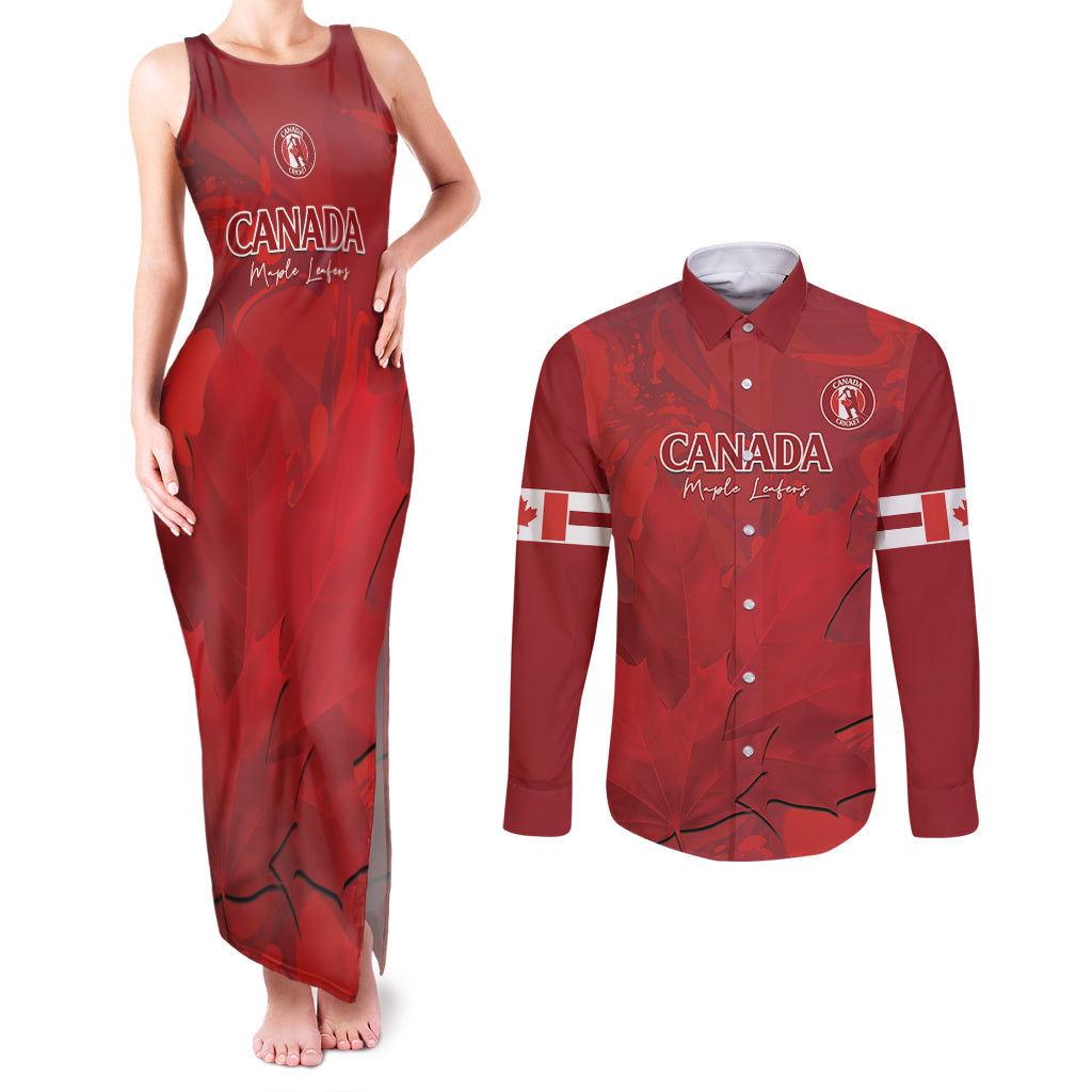 Custom Canada Cricket Couples Matching Tank Maxi Dress and Long Sleeve Button Shirt 2024 Maple Leaf Go Champions - Wonder Print Shop