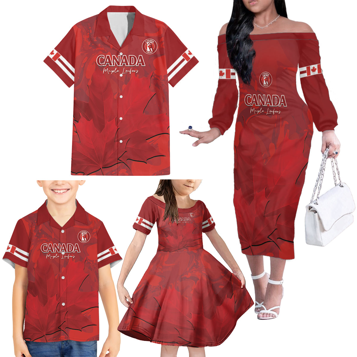 Custom Canada Cricket Family Matching Off The Shoulder Long Sleeve Dress and Hawaiian Shirt 2024 Maple Leaf Go Champions - Wonder Print Shop