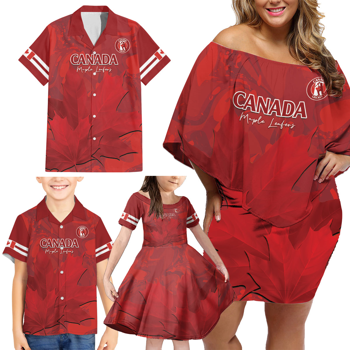 Custom Canada Cricket Family Matching Off Shoulder Short Dress and Hawaiian Shirt 2024 Maple Leaf Go Champions - Wonder Print Shop