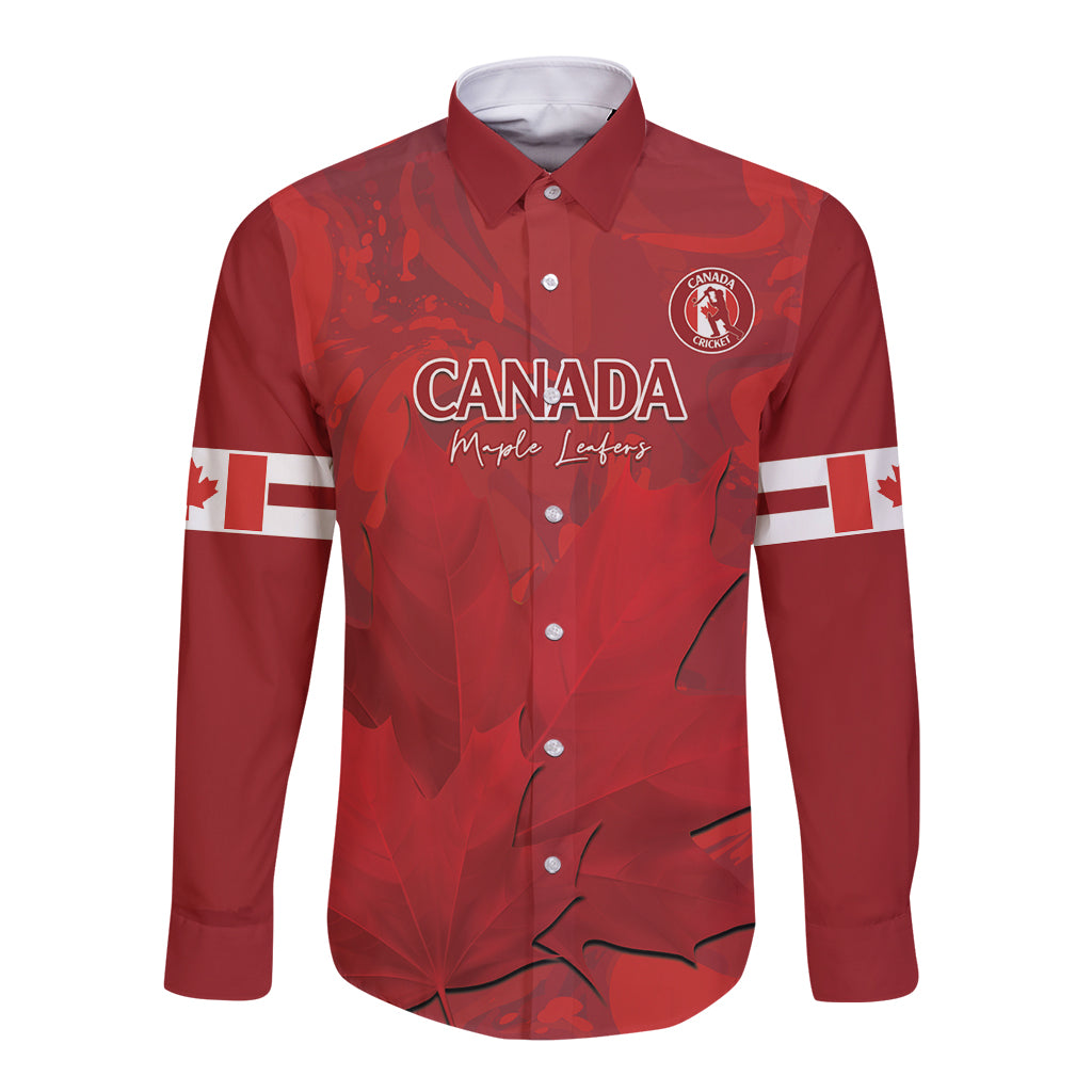 Red long-sleeve button cricket shirt, Canada crest and maple leaf front, flag sleeve print