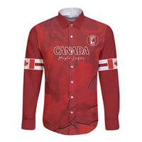 Red long-sleeve button cricket shirt, Canada crest and maple leaf front, flag sleeve print