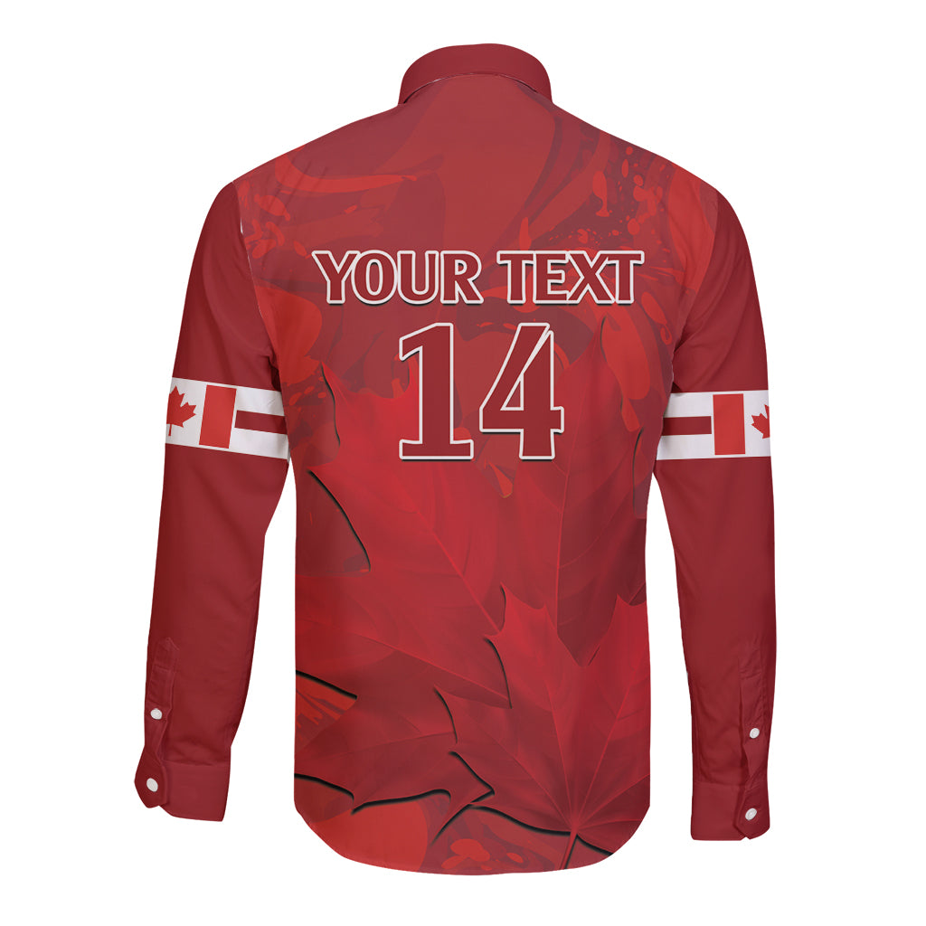 Red long-sleeve button cricket shirt back with YOUR TEXT and 14, maple leaf graphic