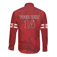 Red long-sleeve button cricket shirt back with YOUR TEXT and 14, maple leaf graphic