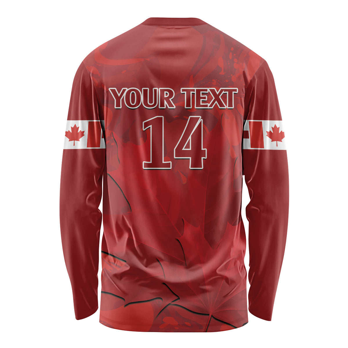 Red unisex long-sleeve cricket shirt back with YOUR TEXT 14 and Canada flags