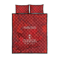 Red quilt bed set with two pillows, Canada crest and 'YOUR TEXT' front view