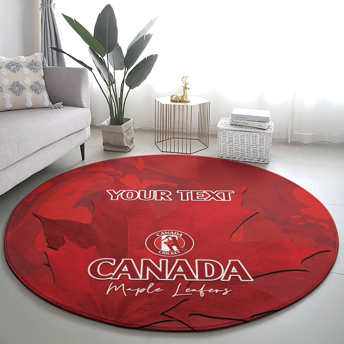 Red round cricket carpet with Canada and maple leaves graphic plus 'YOUR TEXT'.