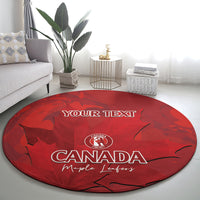 Red round cricket carpet with Canada and maple leaves graphic plus 'YOUR TEXT'.