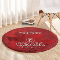 Red round carpet with Canada maple leaf cricket design and 'YOUR TEXT' text.