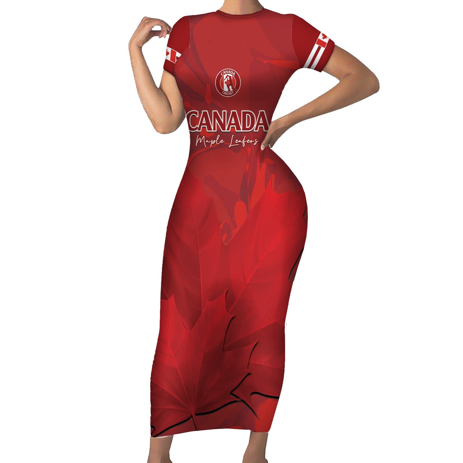 Custom Canada Cricket Short Sleeve Bodycon Dress 2024 Maple Leaf Go Champions - Wonder Print Shop