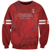 Red unisex crewneck sweatshirt with Canada logo, maple leaf graphic, white sleeve stripes