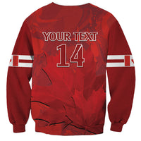 Red unisex crewneck sweatshirt with back "YOUR TEXT" and large "14", maple leaf graphic