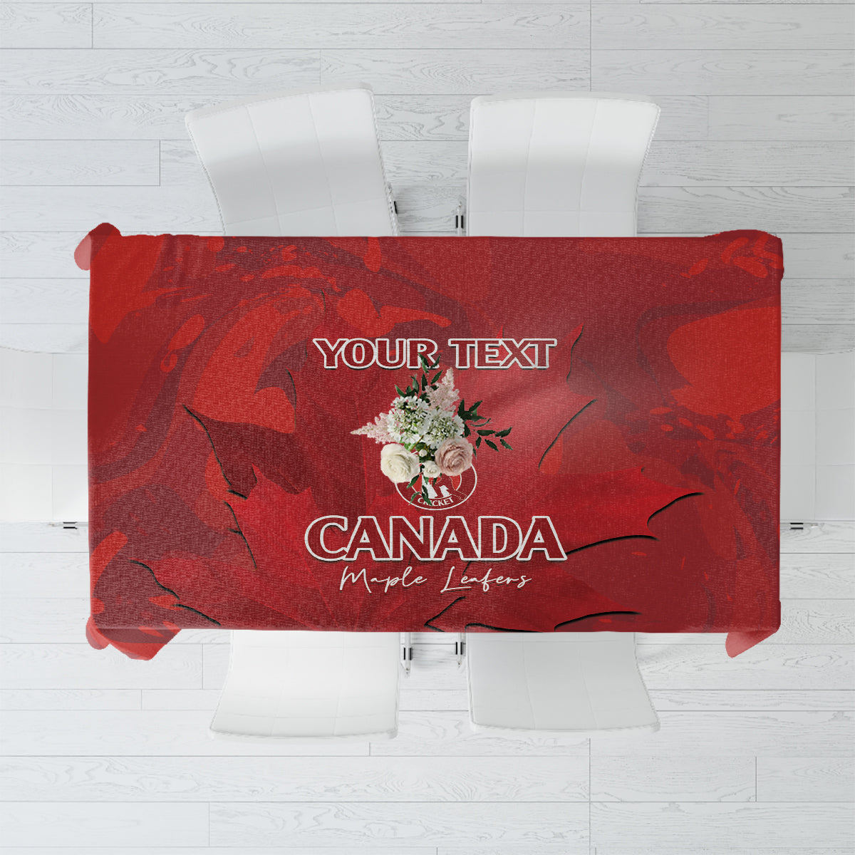 Red tablecloth with YOUR TEXT, Canada wording, and maple leaf graphic