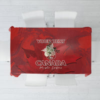 Red tablecloth with YOUR TEXT, Canada wording, and maple leaf graphic