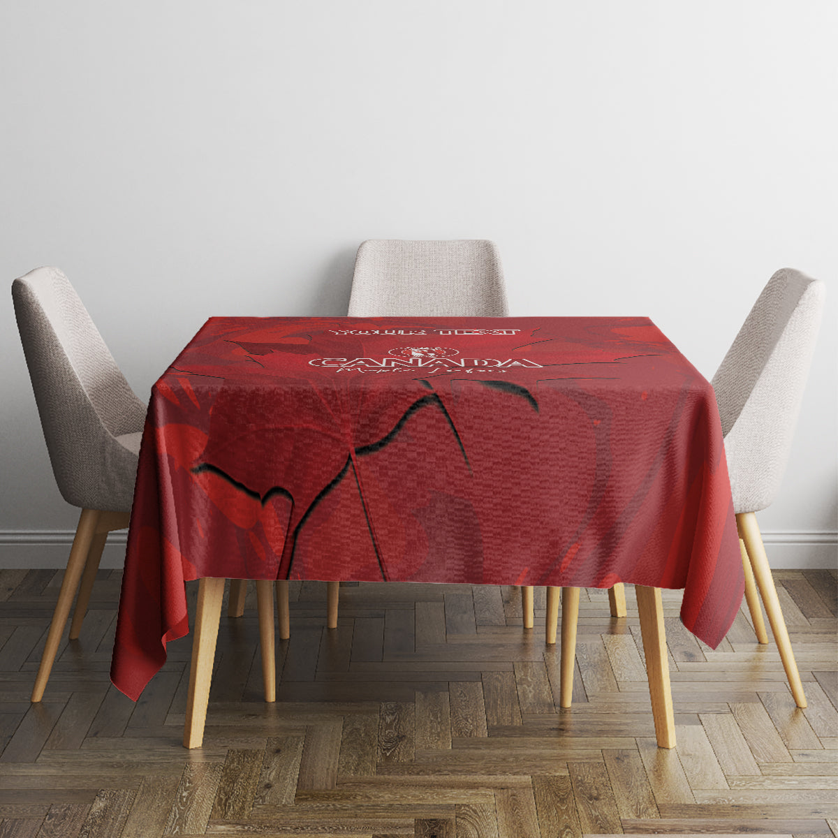 Red tablecloth with Canada emblem and maple leaf print on dining table