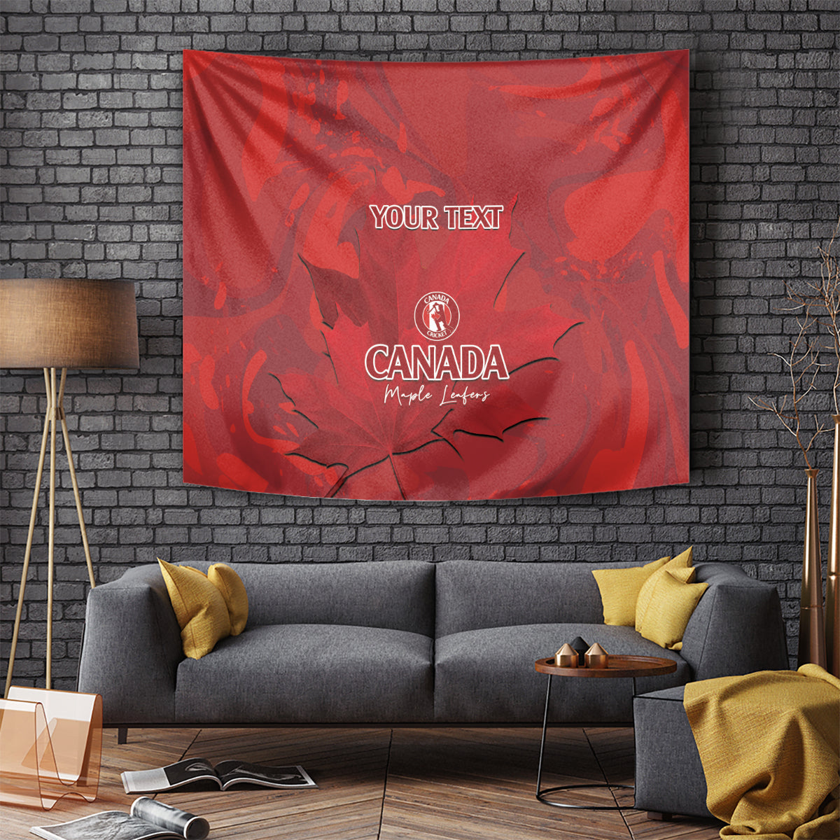Red Canada cricket tapestry with “YOUR TEXT” and maple leaf