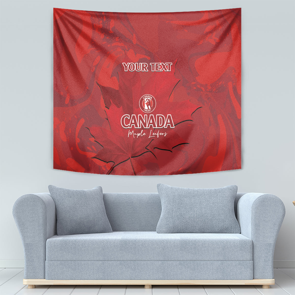 Red Canada cricket wall tapestry showing “YOUR TEXT” and Canada logo