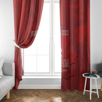 Red window curtains with maple leaf pattern, Canada Cricket logo, and “YOUR TEXT” text.