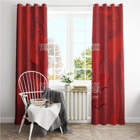 Red curtain panels with maple leaf pattern, Canada Cricket logo, and “YOUR TEXT” on top.