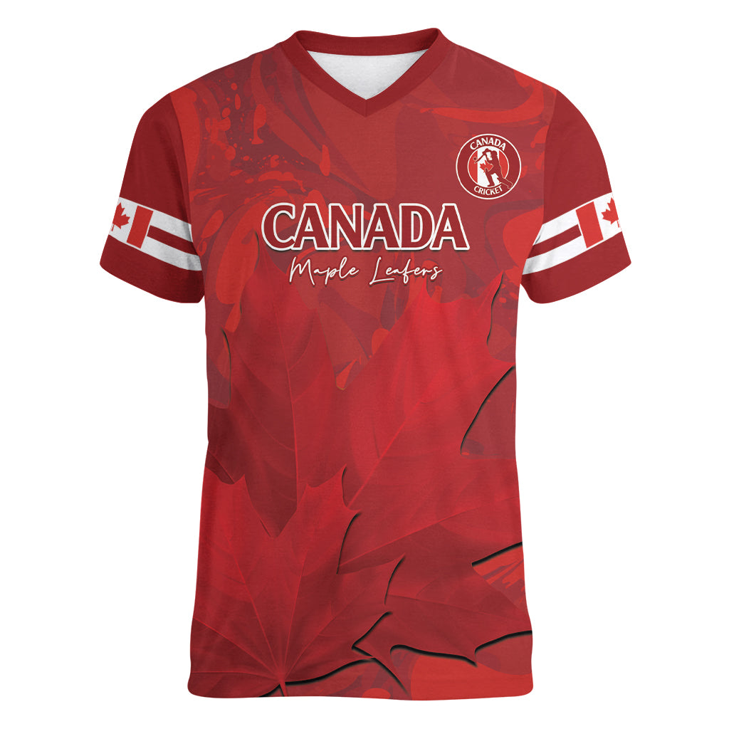 Custom Canada Cricket Women V-Neck T-Shirt 2024 Maple Leaf Go Champions