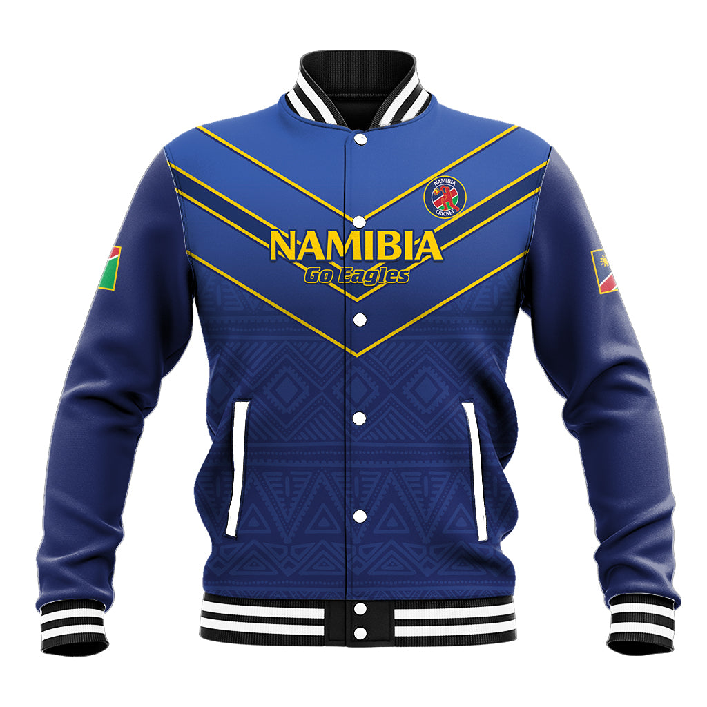 Blue cricket baseball jacket, stand collar, striped trim, snap front, Namibia Go Eagles graphic