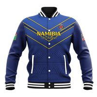 Blue cricket baseball jacket, stand collar, striped trim, snap front, Namibia Go Eagles graphic