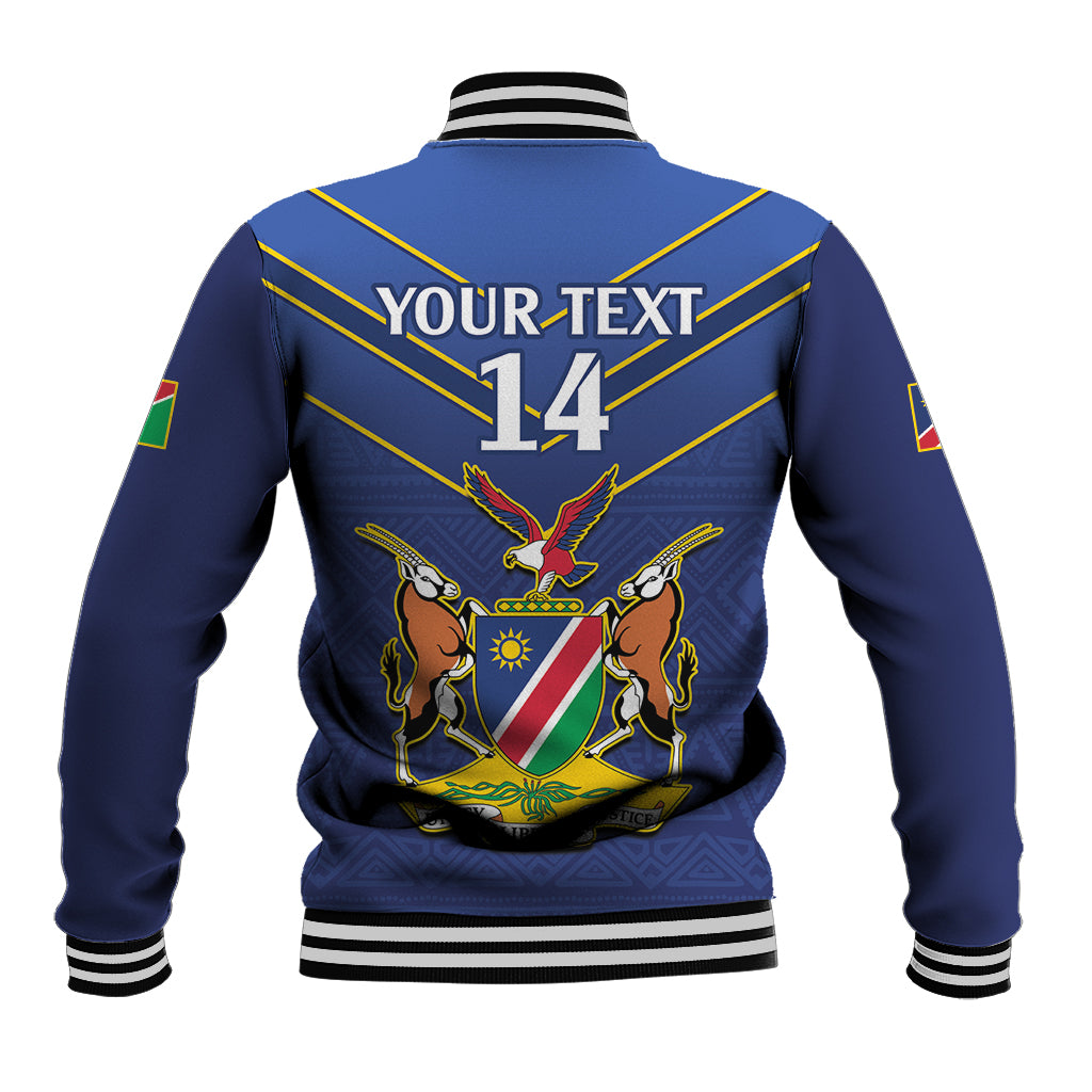 Blue cricket baseball jacket back print, number 14, eagles emblem, striped yellow lines