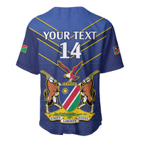 Blue cricket baseball jersey back with YOUR TEXT 14, eagle graphic, and crest emblem