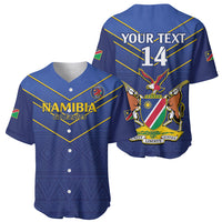 Blue cricket baseball jersey front/back: NAMIBIA Go Eagles front, YOUR TEXT 14 back