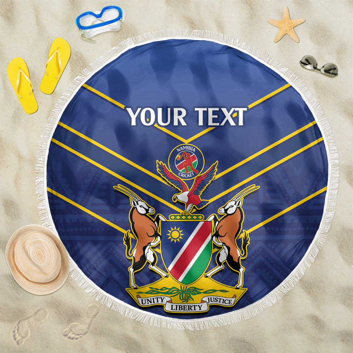 Blue round beach blanket with white fringe, Namibia crest and “YOUR TEXT”