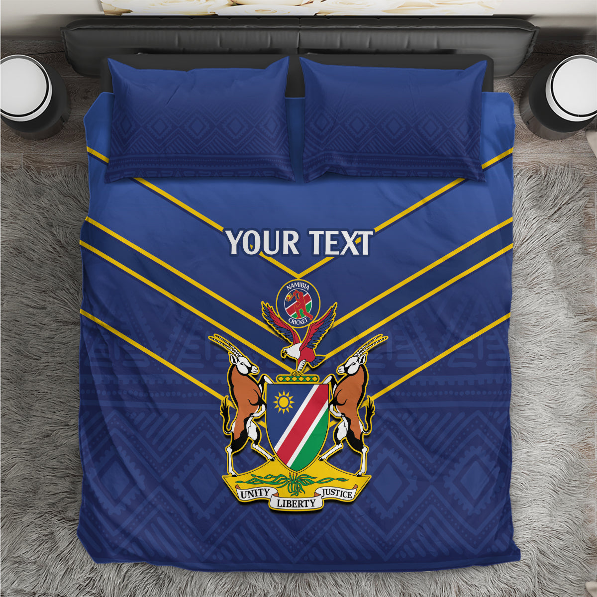 Blue duvet cover and two pillowcases with cricket emblem, yellow V stripes, “YOUR TEXT”