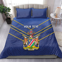 Blue cricket bedding set with duvet and two pillowcases, yellow V stripes and crest artwork