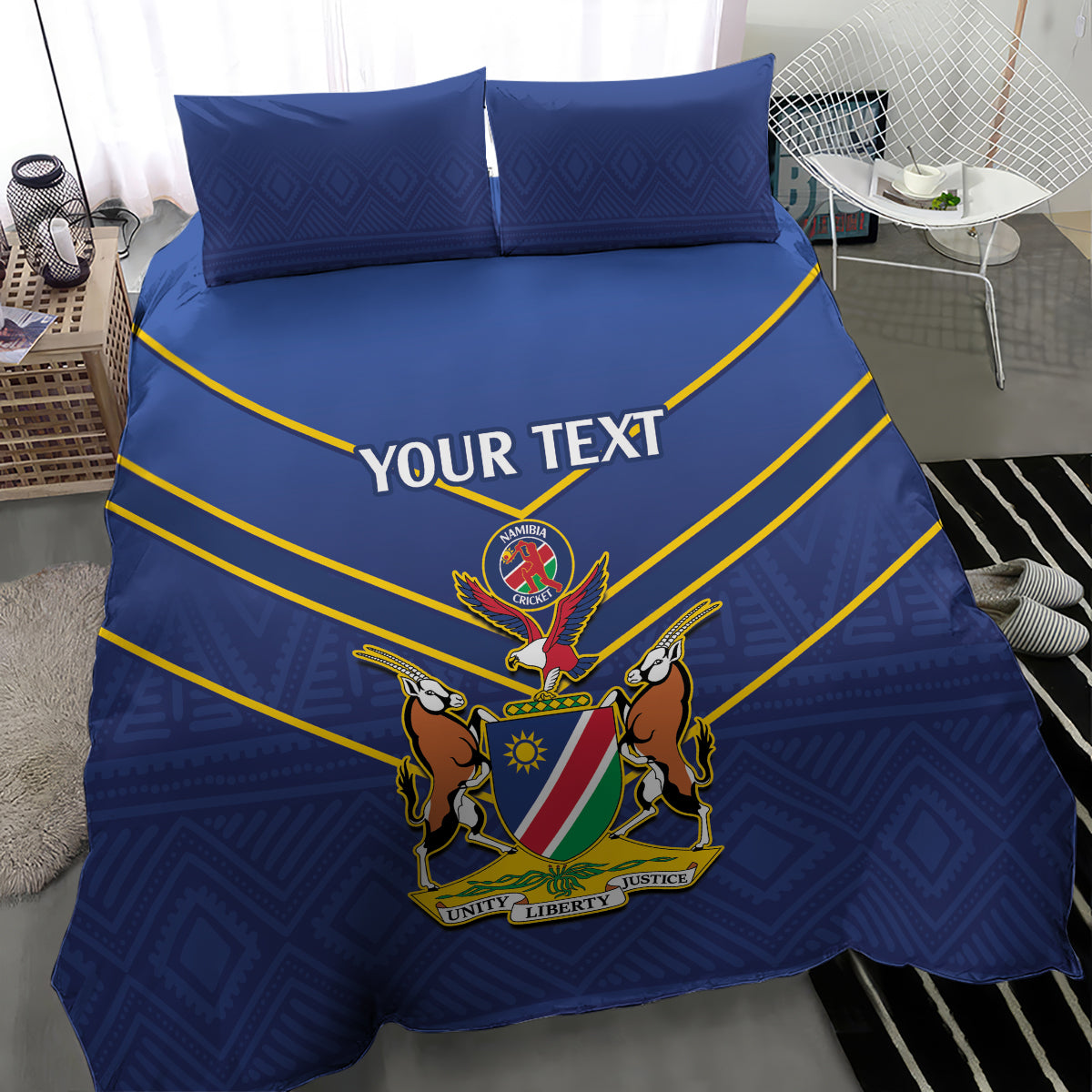 Blue duvet cover with two pillowcases featuring cricket crest, yellow diagonal lines, “YOUR TEXT”