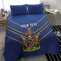 Blue duvet cover with two pillowcases featuring cricket crest, yellow diagonal lines, “YOUR TEXT”