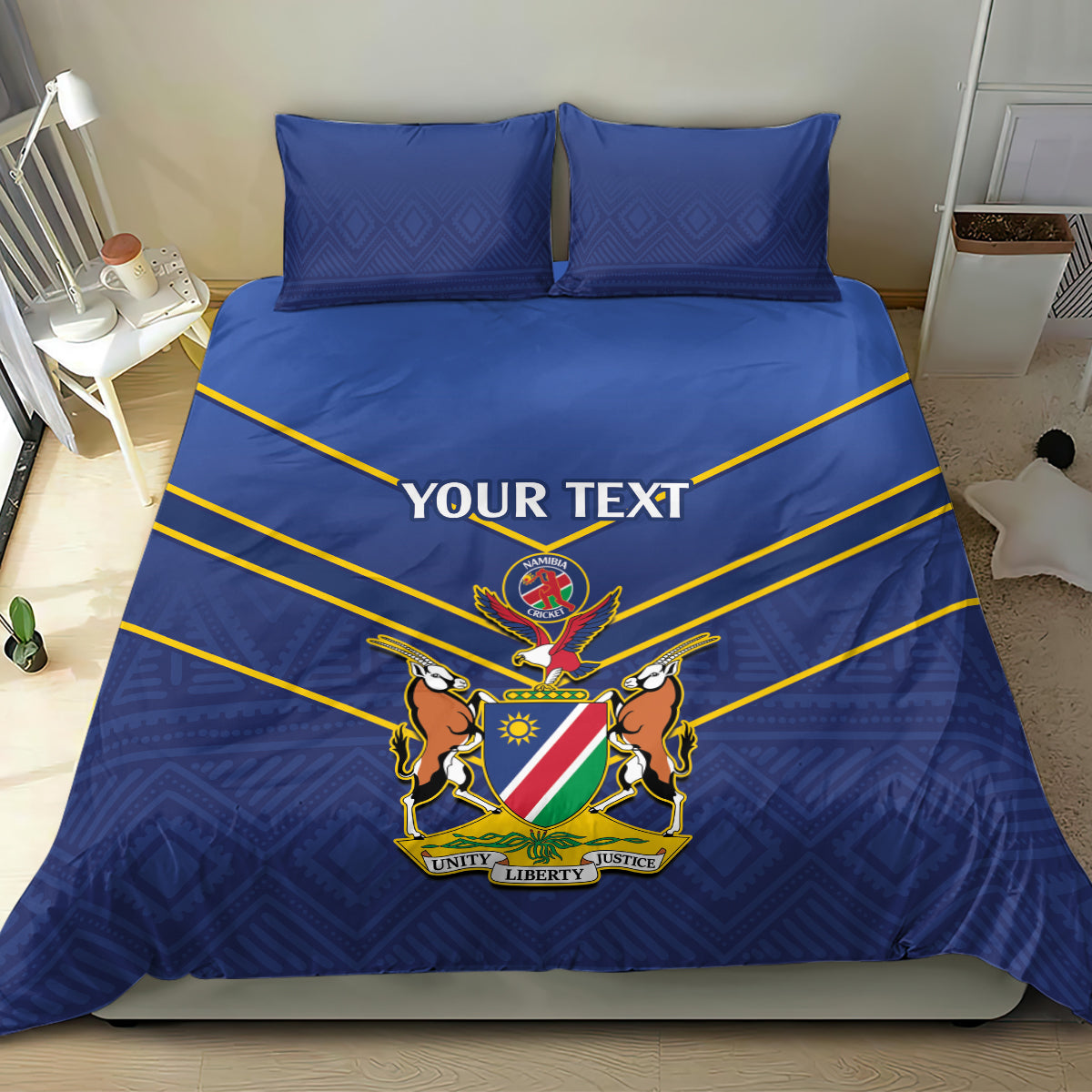 Blue duvet cover and two pillowcases with cricket crest, yellow piping lines, “YOUR TEXT”