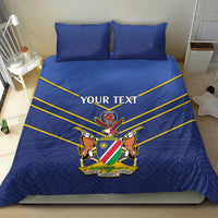 Blue duvet cover and two pillowcases with cricket crest, yellow piping lines, “YOUR TEXT”