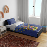 Blue cricket bedding set with duvet and two pillowcases, crest graphic and yellow diagonal stripes